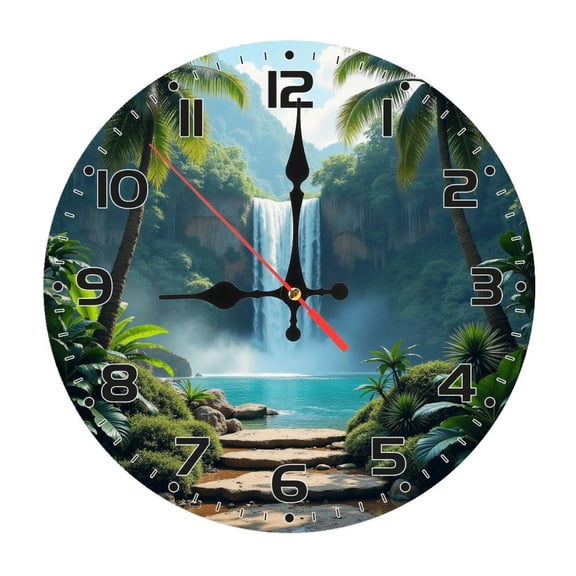 Waterfall Tropical Landscape Wall Clock 10 Inch Silent Non Ticking Round Clock Decoration for Living Room Kitchen Bedroom Bathroom Office Classroom
