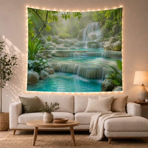 Waterfall Over Turquoise Pools in a Misty Forest, Calming Boho for Nature Lovers, Scenic Landscape Wall Art, Housewarming Gift Tapestry Wall Hanging for Bedroom and Living Room