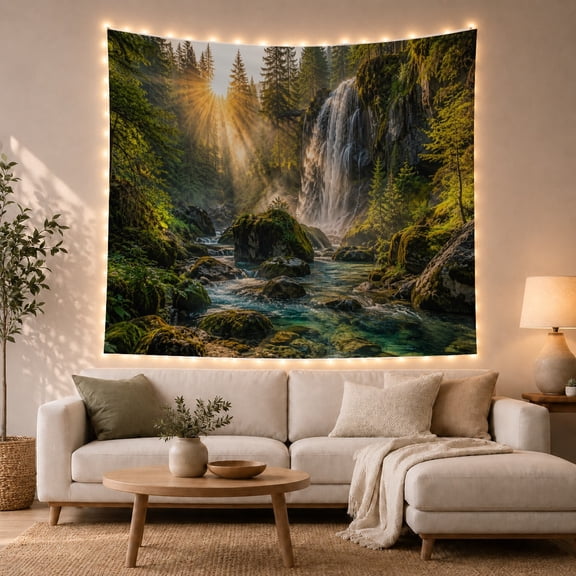 Waterfall with Turquoise River in Sunlit Evergreen Forest, Majestic Boho for Nature Lovers, Scenic Landscape Wall Decor, Housewarming Gift, Tapestry Wall Hanging for Bedroom and Living Room