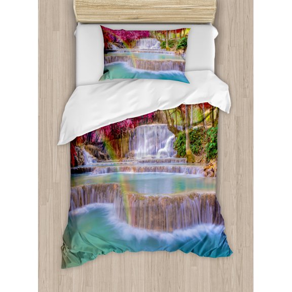 Waterfall Twin Size Duvet Cover Set, Rain Forest in Vietnam Laos with South Asian Pink and Orange Trees side of River Image, Decorative 2 Piece Bedding Set with 1 Pillow Sham, Blue, by Ambesonne