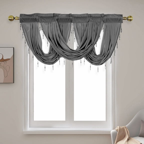Waterfall Valance Curtains for Window, Semi Sheer Valances Rod Pocket, Rod Pocket Swag Curtain with Tassles for Living Room, Kitchen 57" W x 37" L