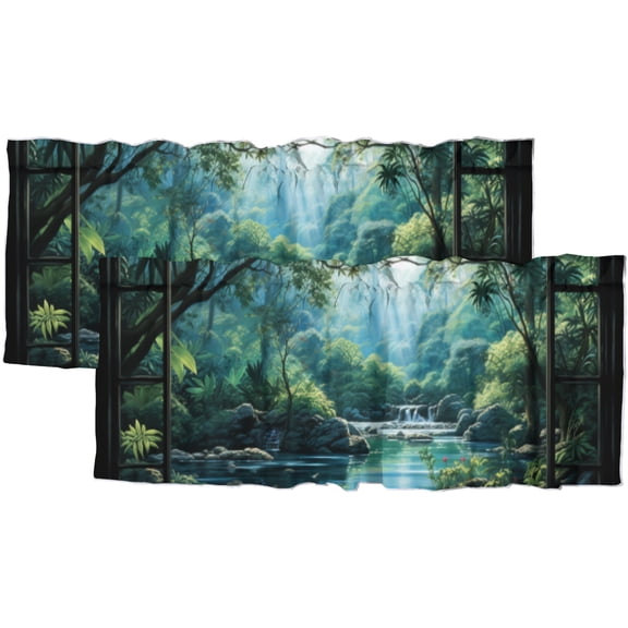 Waterfall Valance Rod Pocket Window Curtain for Kitchen Forest Flowers Window View Nature Landscape Window Treatment Valance Curtains for Bathroom 54 by 18 in, 2 Panel