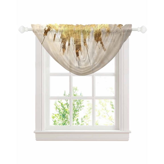 Waterfall Valances for Windows, Abstract Gold Kitchen Sheer Valance Curtains, Modern Brush Luxury Strokes Artwork Rod Pocket Elegant Swag Valances for Living Room Bedroom, 47.2"x38.5", 1 Panel