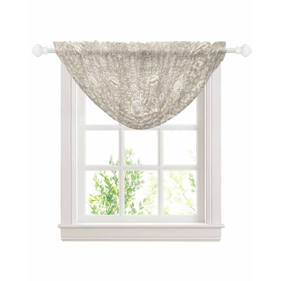 Waterfall Valances for Windows, Beige Damask Kitchen Sheer Valance Curtains, Vintage Country Scroll Floral Patterned Rod Pocket Elegant Swag Valances for Living Room Bedroom, 47.2"x38.5", 1 Panel