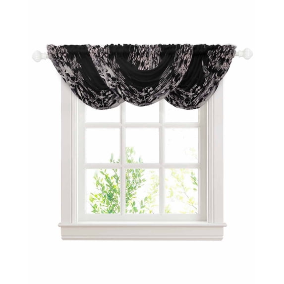 Waterfall Valances for Windows, Black Botanical Kitchen Sheer Valance Curtains, Dragonfly Flower Leaf Retro Style Rod Pocket Elegant Swag Valances for Living Room Bedroom, 47.2"x38.5", 3 Panel