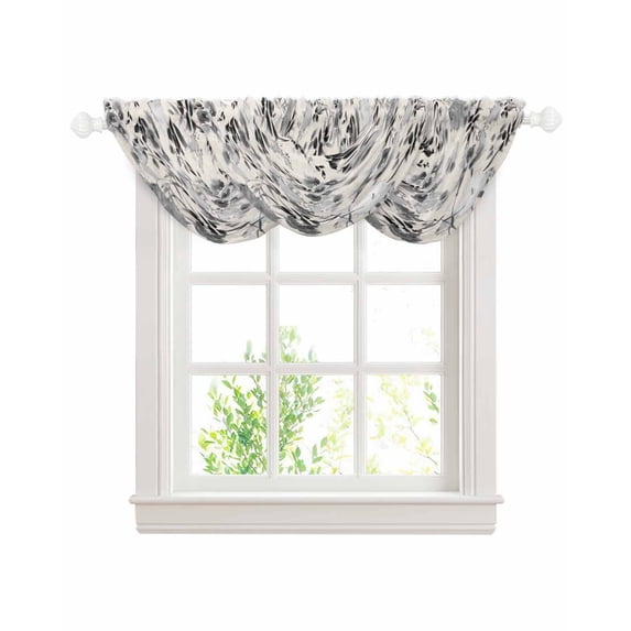 Waterfall Valances for Windows, Black Grey Spring Floral Kitchen Sheer Valance Curtains, Summer Botanical Watercolor Rustic Rod Pocket Swag Valances for Living Room Bedroom, 47.2"x38.5", 3 Panel