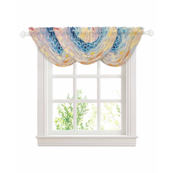 Waterfall Valances for Windows, Blue Abstract Kitchen Sheer Valance Curtains, Orange Yellow Gradient Stone Brushwork Rod Pocket Elegant Swag Valances for Living Room Bedroom, 47.2"x38.5", 3 Panel
