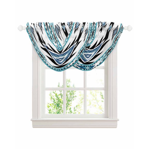 Waterfall Valances for Windows, Blue Aztecs Kitchen Sheer Valance Curtains, Southwestern Stripe Native American Boho Rod Pocket Elegant Swag Valances for Living Room Bedroom, 47.2"x38.5", 2 Panel