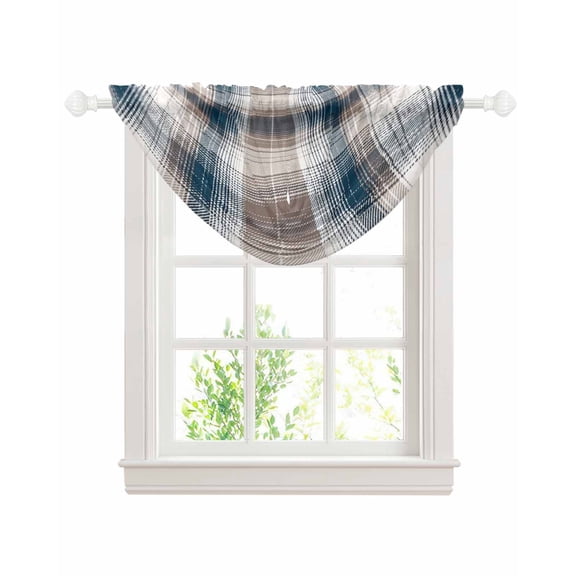 Waterfall Valances for Windows, Blue Brown Plaid Kitchen Sheer Valance Curtains, Modern Abstract Striped Gingham Checked Rod Pocket Elegant Swag Valances for Living Room Bedroom, 47.2"x38.5", 1 Panel