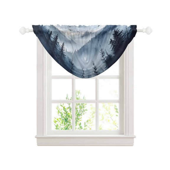 Waterfall Valances for Windows, Blue Mountain Peak Kitchen Sheer Valance Curtains, Forest Tree Bird Fog Landscape Rod Pocket Elegant Swag Valances for Living Room Bedroom, 47.2"x38.5", 1 Panel
