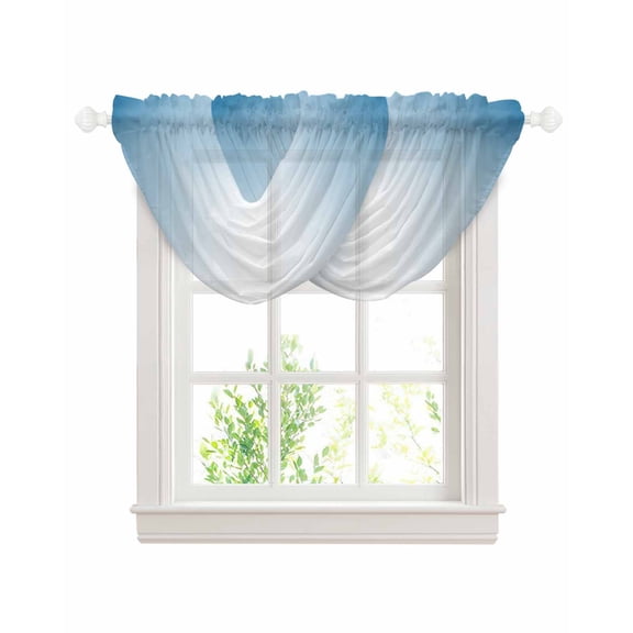 Waterfall Valances for Windows, Blue Ombre Kitchen Sheer Valance Curtains, Blue White Gradient Modern Abstract Art Rod Pocket Elegant Swag Valances for Living Room Bedroom, 47.2"x38.5", 2 Panel