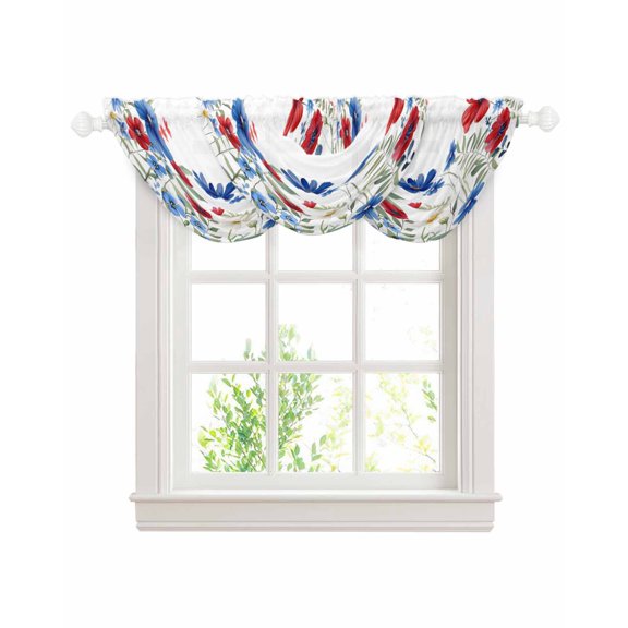 Waterfall Valances for Windows, Blue Red Spring Floral Kitchen Sheer Valance Curtains, Pastoral Flowers Watercolor Rod Pocket Elegant Swag Valances for Living Room Bedroom, 47.2"x38.5", 3 Panel