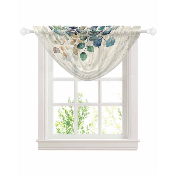 Waterfall Valances for Windows, Blue Teal Botanical Kitchen Sheer Valance Curtains, Weeping Fall Eucalyptus Leaves Rustic Rod Pocket Swag Valances for Living Room Bedroom, 47.2"x38.5", 1 Panel