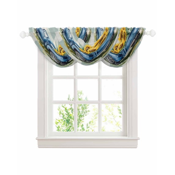 Waterfall Valances for Windows, Blue Truck Yellow Sunflower Kitchen Sheer Valance Curtains, Teal Plaid Vintage Summer Rod Pocket Elegant Swag Valances for Living Room Bedroom, 47.2"x38.5", 3 Panel