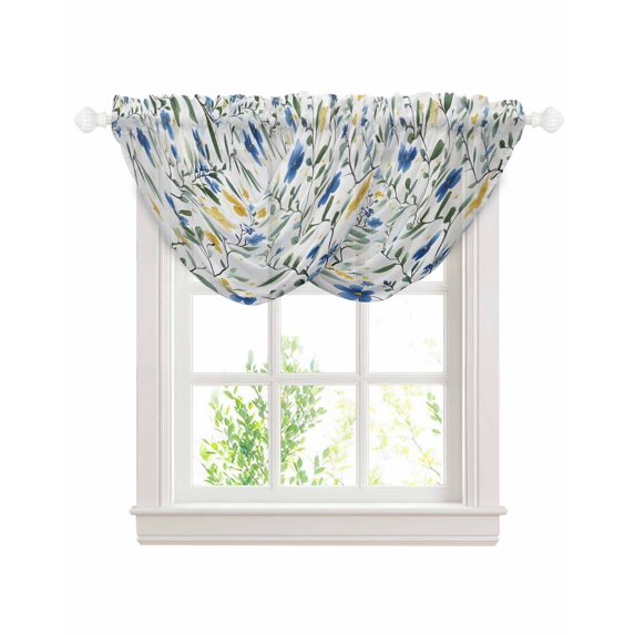 Waterfall Valances for Windows, Blue Yellow Spring Floral Kitchen Sheer Valance Curtains, Elegant Summer Botanical Green Rod Pocket Elegant Swag Valances for Living Room Bedroom, 47.2"x38.5", 2 Panel