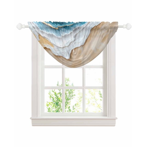 Waterfall Valances for Windows, Coastal Beach Kitchen Sheer Valance Curtains, Nautical Ocean Blue Beige Seaside Rod Pocket Elegant Swag Valances for Living Room Bedroom, 47.2"x38.5", 1 Panel