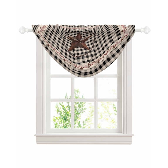 Waterfall Valances for Windows, Farm Plaid Kitchen Sheer Valance Curtains, West Texas Star Rustic Farmhouse Black Brown Rod Pocket Elegant Swag Valances for Living Room Bedroom, 47.2"x38.5", 1 Panel