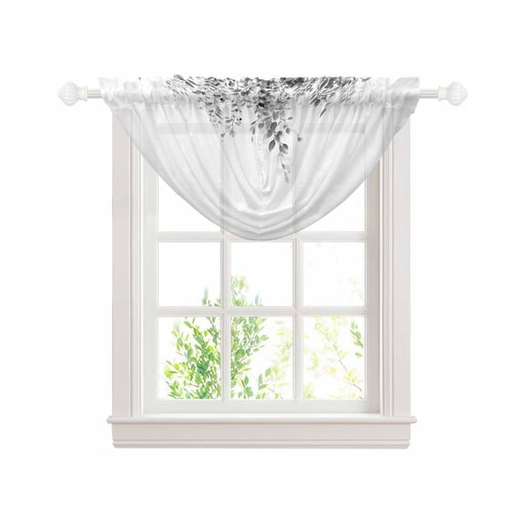 Waterfall Valances for Windows, Grey Eucalyptus Kitchen Sheer Valance Curtains, Weeping Botanical Leaf Watercolor Rod Pocket Elegant Swag Valances for Living Room Bedroom, 47.2"x38.5", 1 Panel