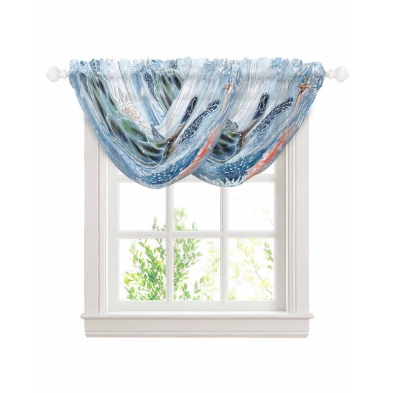 Waterfall Valances for Windows, Ocean Turtle Kitchen Sheer Valance Curtains, Blue Coral Coastal Starfish Nautical Shell Rod Pocket Elegant Swag Valances for Living Room Bedroom, 47.2"x38.5", 2 Panel