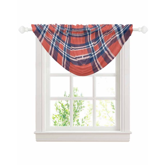 Waterfall Valances for Windows, Orange Blue Kitchen Sheer Valance Curtains, British Style Buffalo Plaid Lattice Rod Pocket Elegant Swag Valances for Living Room Bedroom, 47.2"x38.5", 1 Panel