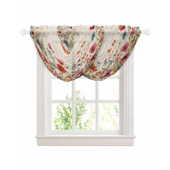 Waterfall Valances for Windows, Pink Orange Teal Spring Floral Kitchen Sheer Valance Curtains, Watercolor Botanical Summer Flowers Rod Pocket Swag Valances for Living Room, 47.2"x38.5", 2 Panel