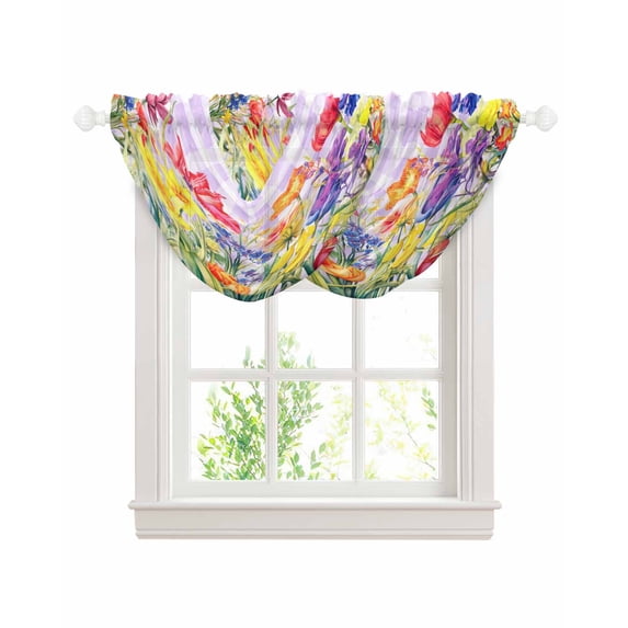 Waterfall Valances for Windows, Purple Plaid Tulip Kitchen Sheer Valance Curtains, Spring Floral Watercolor Botanical Rod Pocket Elegant Swag Valances for Living Room Bedroom, 47.2"x38.5", 2 Panel