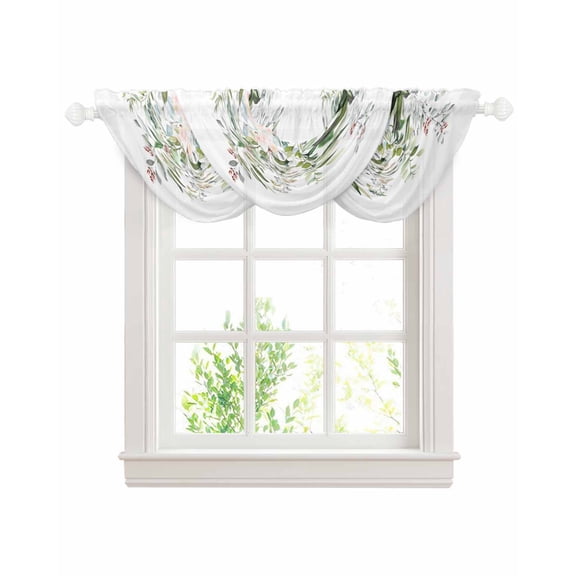 Waterfall Valances for Windows, Sage Green Eucalyptus Kitchen Sheer Valance Curtains, Aesthetics Floral Farm Foliage Rod Pocket Elegant Swag Valances for Living Room Bedroom, 47.2"x38.5", 3 Panel