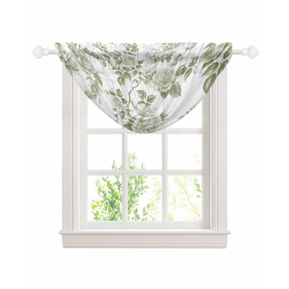 Waterfall Valances for Windows, Sage Green Flower Kitchen Sheer Valance Curtains, Vintage Country Rose Leaf Floral Rod Pocket Elegant Swag Valances for Living Room Bedroom, 47.2"x38.5", 1 Panel