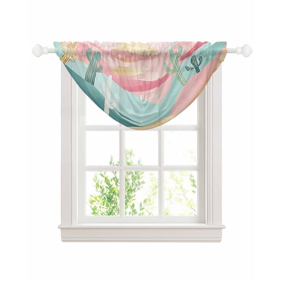 Waterfall Valances for Windows, South West Boho Kitchen Sheer Valance Curtains, Abstract Pink Gold Mountains Cactus Rod Pocket Elegant Swag Valances for Living Room Bedroom, 47.2"x38.5", 1 Panel