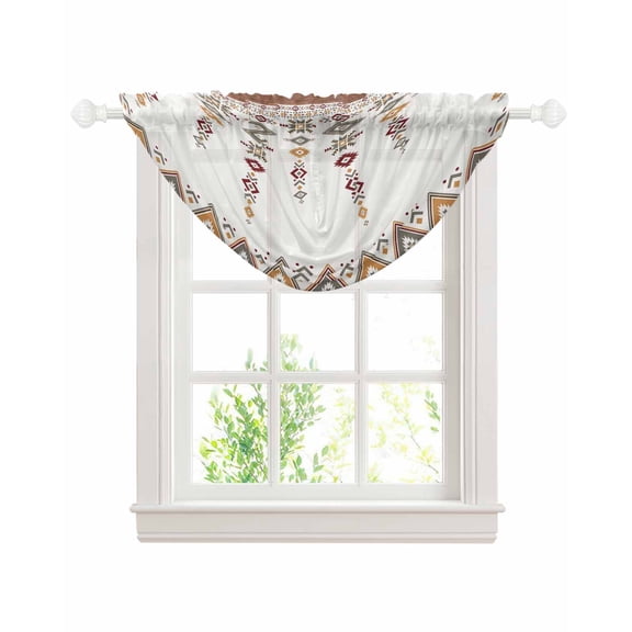 Waterfall Valances for Windows, Southwest Geometric Kitchen Sheer Valance Curtains, Western Boho Ethnic Beige Grey Wooden Rod Pocket Swag Valances for Living Room Bedroom, 47.2"x38.5", 1 Panel