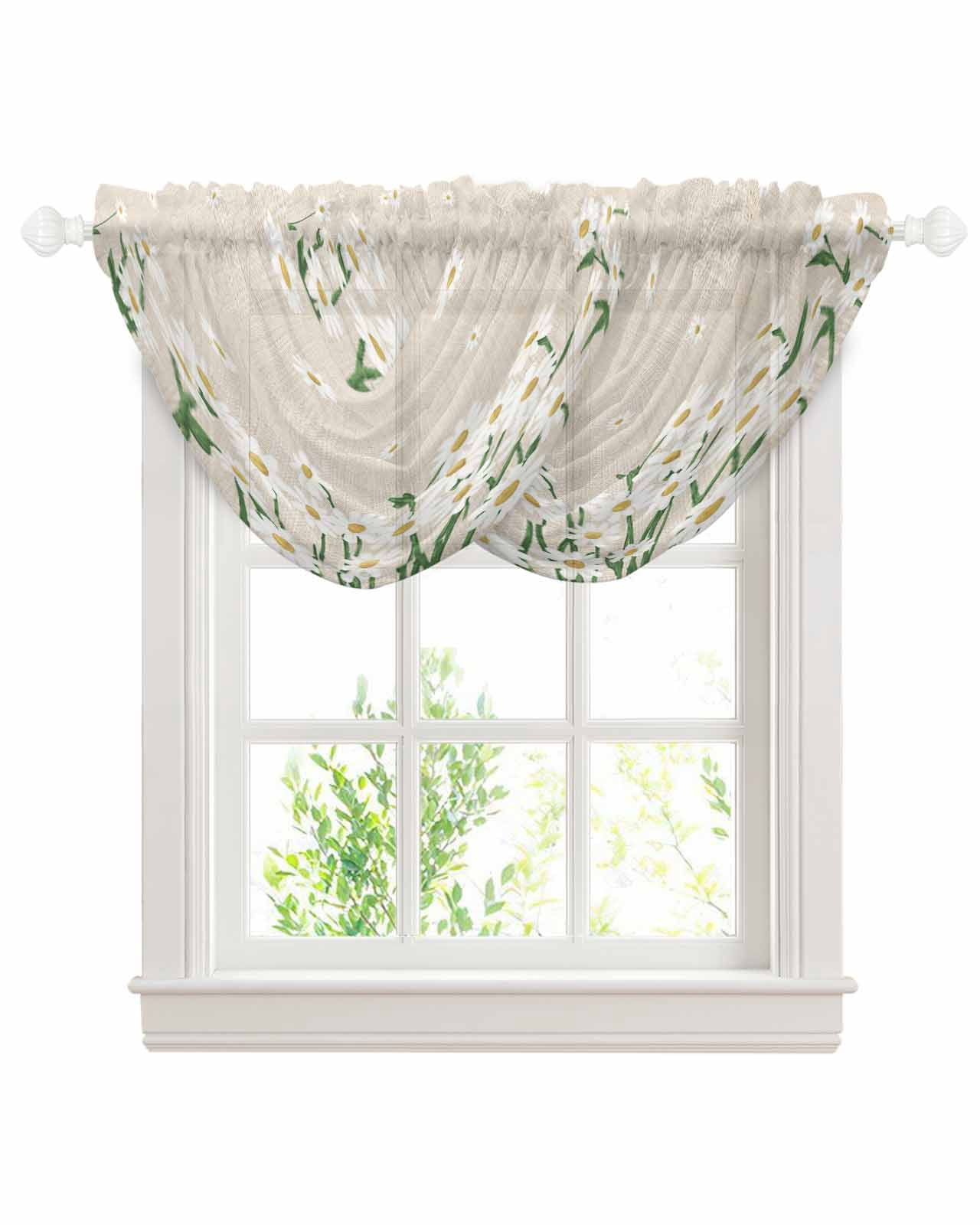 Waterfall Valances for Windows, Spring Floral Kitchen Sheer Valance Curtains, White Daisy Farmhouse Linen Texture Rod Pocket Elegant Swag Valances for Living Room Bedroom, 47.2"x38.5", 2 Panel