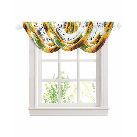 Waterfall Valances for Windows, Sunflower Bee Kitchen Sheer Valance Curtains, Vintage Yellow Floral Farmhouse Watercolor Rod Pocket Elegant Swag Valances for Living Room Bedroom, 47.2"x38.5", 3 Panel