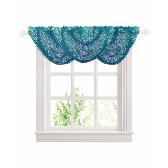 Waterfall Valances for Windows, Teal Blue Boho Kitchen Sheer Valance Curtains, Retro White Rustic Flower Ethnic Pattern Rod Pocket Elegant Swag Valances for Living Room Bedroom, 47.2"x38.5", 3 Panel