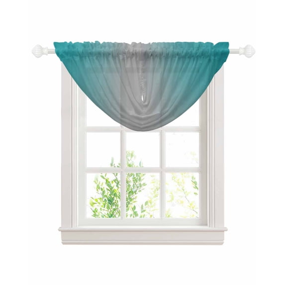 Waterfall Valances for Windows, Teal Grey Ombre Kitchen Sheer Valance Curtains, Gradient Contemporary Abstract Art Rod Pocket Elegant Swag Valances for Living Room Bedroom, 47.2"x38.5", 1 Panel