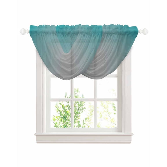 Waterfall Valances for Windows, Teal Grey Ombre Kitchen Sheer Valance Curtains, Gradient Contemporary Abstract Art Rod Pocket Elegant Swag Valances for Living Room Bedroom, 47.2"x38.5", 2 Panel