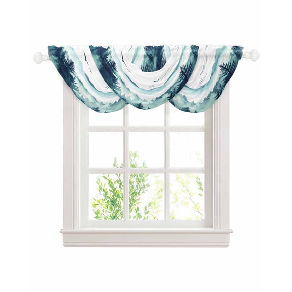 Waterfall Valances for Windows, Turquoise Forest Kitchen Sheer Valance Curtains, Mountains Birds Fog Tree Scenery Rod Pocket Elegant Swag Valances for Living Room Bedroom, 47.2"x38.5", 3 Panel