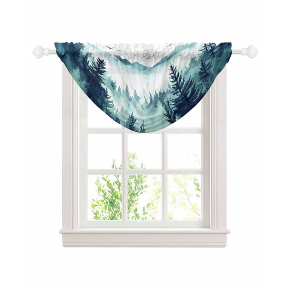 Waterfall Valances for Windows, Turquoise Forest Kitchen Sheer Valance Curtains, Mountains Birds Fog Tree Scenery Rod Pocket Elegant Swag Valances for Living Room Bedroom, 47.2"x38.5", 1 Panel