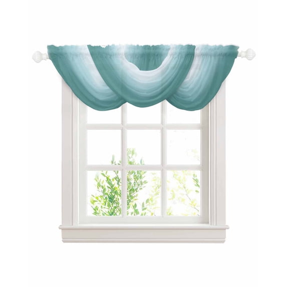 Waterfall Valances for Windows, Turquoise Ombre Kitchen Sheer Valance Curtains, Teal White Gradient Modern Abstract Art Rod Pocket Elegant Swag Valances for Living Room Bedroom, 47.2"x38.5", 3 Panel