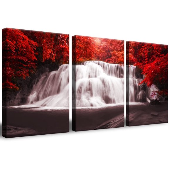 Waterfall - Wall Art Painting Black White Red Landscape Canvas Wall Art 3 Pieces ,Red Trees Forest Picture Prints for Home-office - canvas art wall art for living room 12x16inchx3pcs