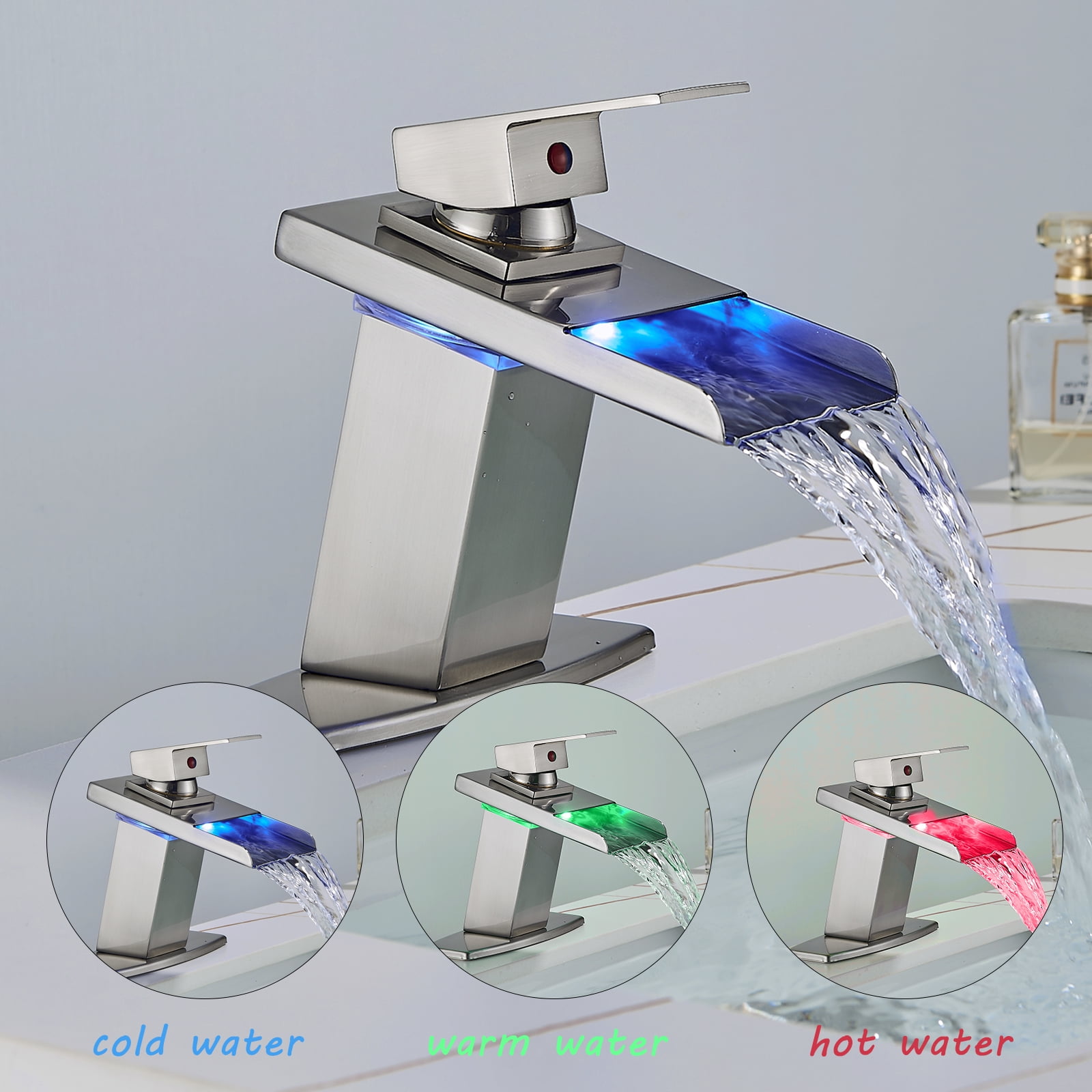 Waterfall Widespread Bathroom Sink Faucet Bathroom Faucet LED with