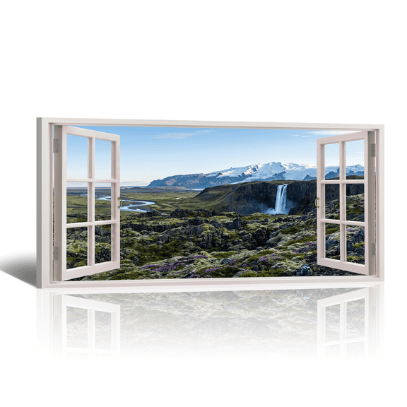 Waterfall Window Canvas Wall Art, Iceland Valley Landscape Canvas Prints Large Horizontal Natural View Artwork Paintings for Living Room Bedroom Home Decor