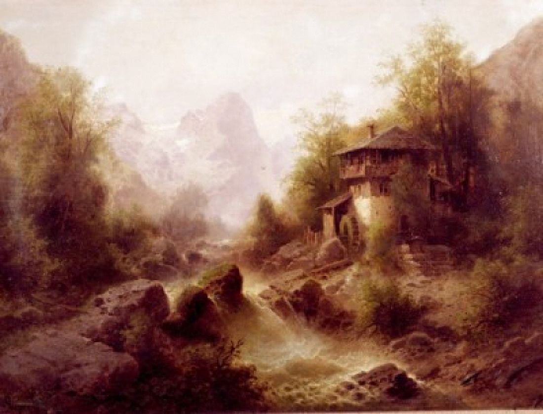 Waterfall With Mill by Albert Rieger 1834-1905 Canvas Art - Albert Rieger (18 x 24)