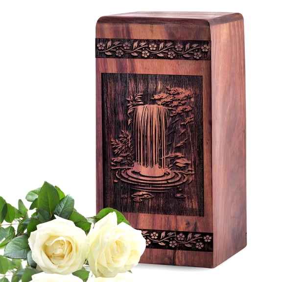 Waterfall Wood Burial Chest, Timeless Memorial Canister, Elegant Ashes Holder, 11.25inch, Black Wood Keepsake Urn