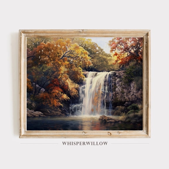Waterfall and Autumn Trees, Fall Scenery, Nature and Landscape Art, Fall Colors Wall Decor, poster Unframed Paper Print