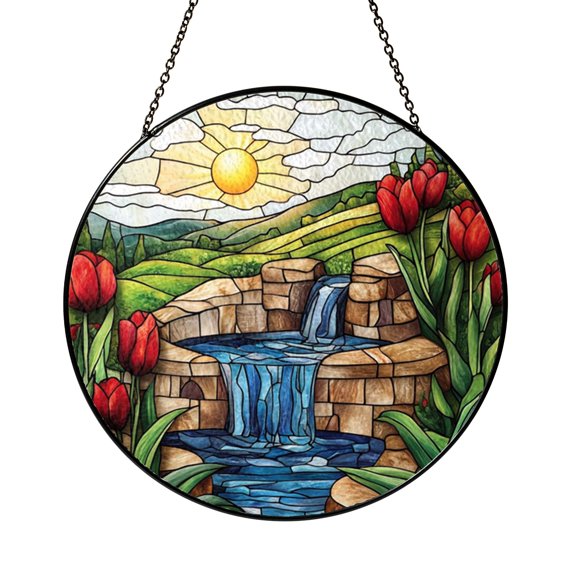 Waterfall and Stone Well Stained Glass Style Round Window Suncatcher2001
