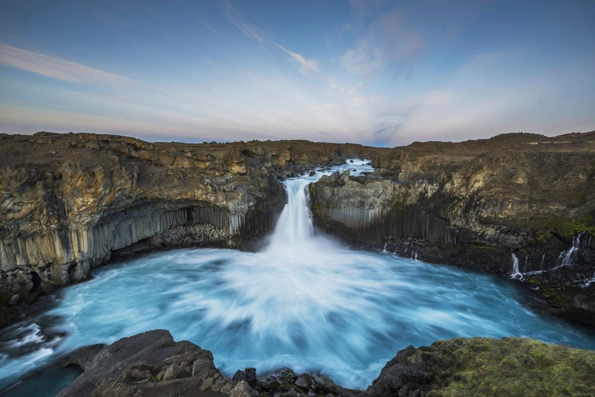 Waterfall flowing from a stream and rugged cliffs Aldeyjarfoss Iceland Canvas Art - Robert Postma Design Pics (38 x 24)