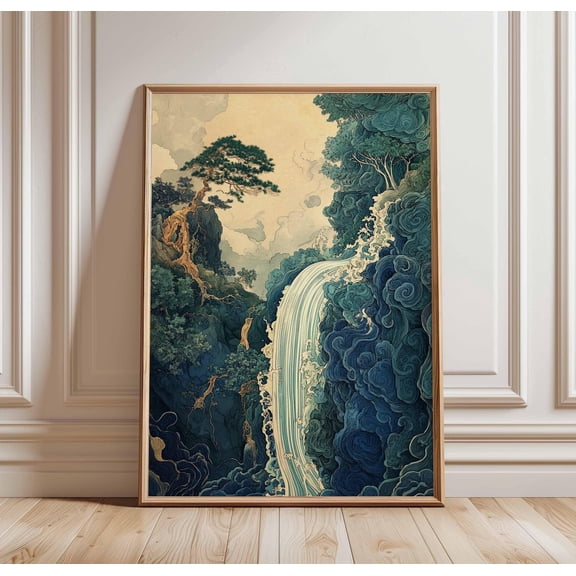 Waterfall in Nature Poster Abstract Japanese Landscape Mountain Art, Unframed Poster
