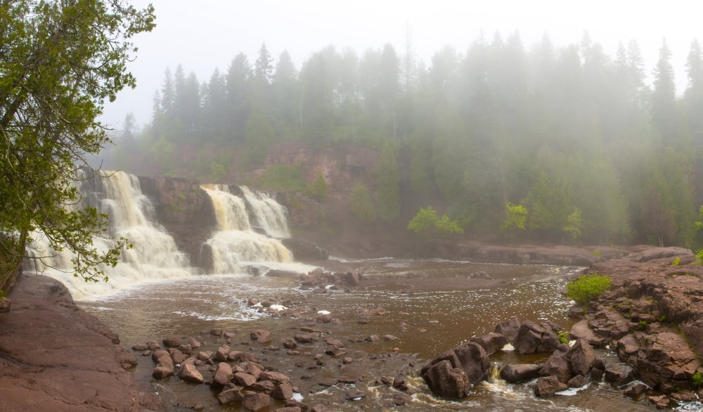 Waterfall in a forest Middle Falls Gooseberry River Gooseberry Falls State Park Lake Superior Minnesota USA Canvas Art - Panoramic Images (24 x 40)