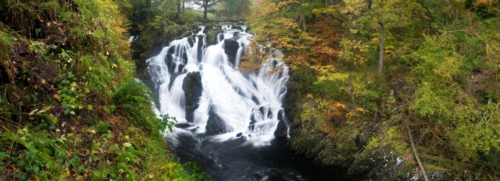 Waterfall in a forest Swallow Falls River Llugwy Snowdonia National Park Wales Canvas Art - Panoramic Images (36 x 12)
