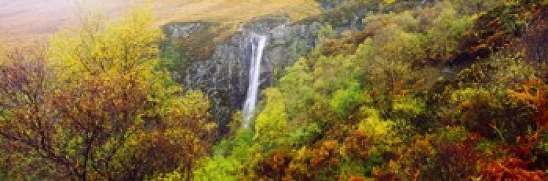 Waterfall in autumn Eas Mor Allt Coire Na Banachdich Glen Brittle Isle Of Skye Inner Hebrides Scotland Canvas Art - Panoramic Images (18 x 6)